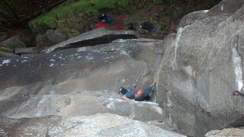 The trickery. Entering the crux of Friendly Fire (10b). 