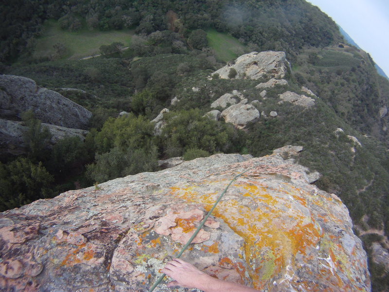 View down Blue Zenith from the anchors at the to of Dry December -Looking down the runout 4th class ridge