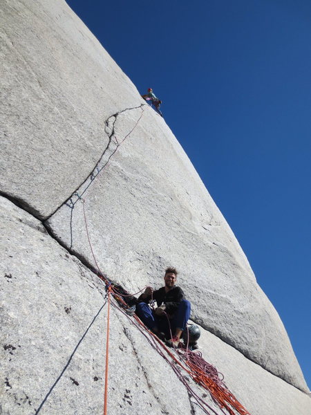 The crux pitch.  Here's Cooper after the send, enjoying the 5.10 splitter fingers to the top.