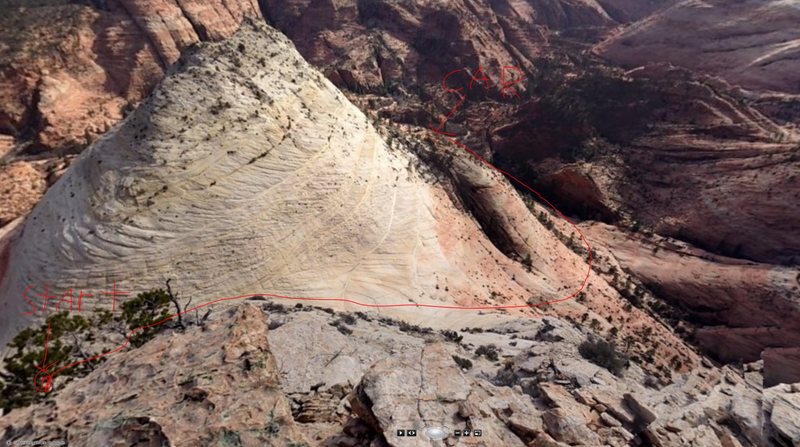 This is shot from the top of the route and shows roughly the path that hikers should take to get to the base. The start is actually a bit to the left of where I drew the circle. Sorry for the terrible handwriting too...