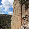 If you do so choose....<br>
Concentrated Weirdness (as viewed from the scree filled start and belay ledge).