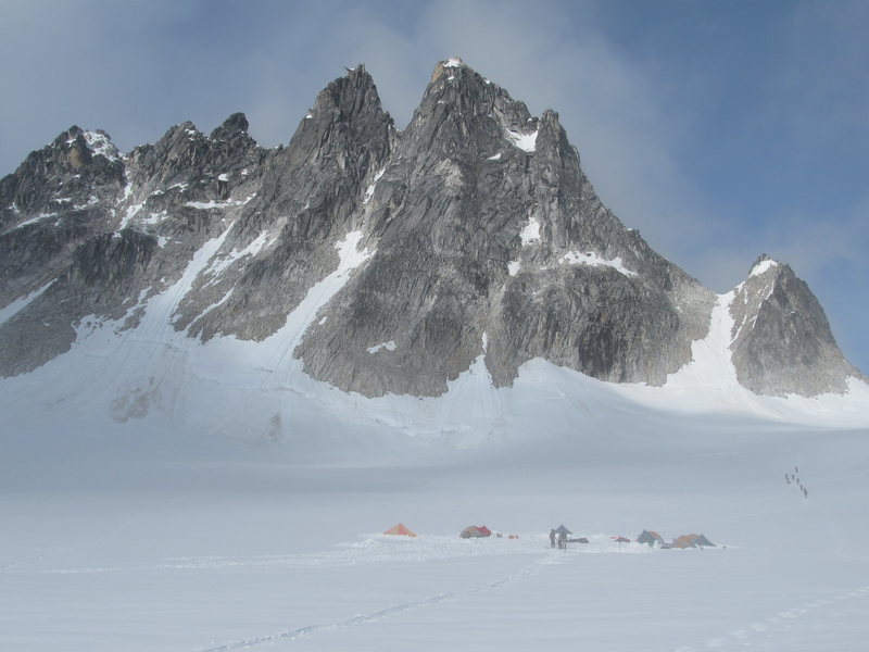 Shot of the Trolls.  Marcin and Craig Peterson on the snow slope approach to the right.