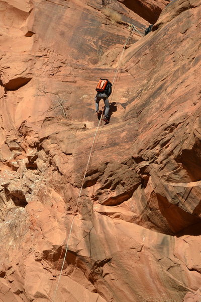 Beginning final rappel in Pool Arch Canyon. 