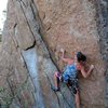 Susan starting up The Longest Yard (5.10a), Holcomb Valley Pinnacles