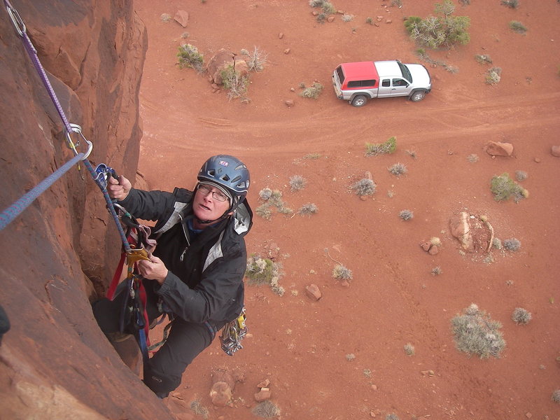 Kristen jugging Pitch 1 just below the belay ledge.