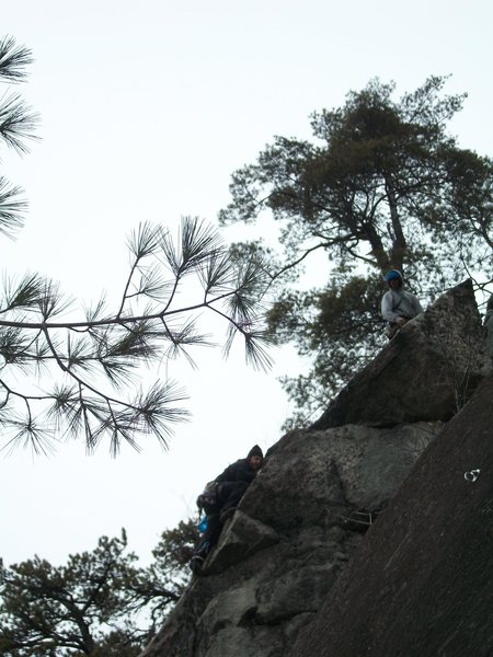 Jon belaying Josh to the top on the first ascent.