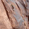 Lucy leading the left start of Black Slab.