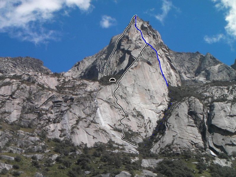 From right to left- Mission Control (in blue) 5.11+ A2+, El Sueno de los Excludios 6b+ A2, and La Teoria de la gota de Agua 6a+ A2+.  AAJ photo<br>
