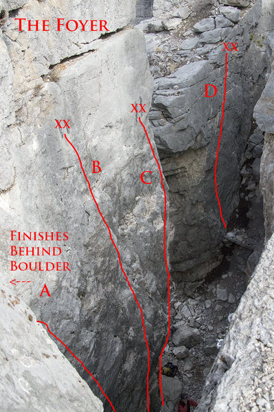 New Routes not in Rock Climbs of Southwest Montana<br>
<br>
A - Bird of Paradise 5.9<br>
B - Christianity on Demand 5.8<br>
C - Skipping Stones Into My Childhood 5.7 (new)<br>
D - Taste of Grit 5.6/7 (new)