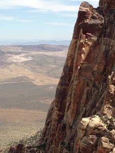 Two climbers on Crimson Chrysalis taken from Nightcrawler on Brownstone wall.