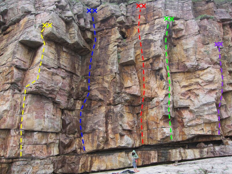 The main wall (B2)
<br>

<br>
Yellow = Everybody's Welfare
<br>
Blue = High Class Quickdraw
<br>
Red = Redhead
<br>
Green = Big Rock Falling
<br>
Purple = New Ferrari