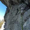 Looking across from part way through the roof at the final belay.