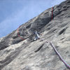 Central Pillar P3 Anchors looking up and left. Route to the right is Central Pillar Direct finish. Route to the left is 11 b/c finish of a different route. 