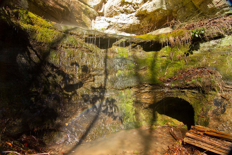 Rainbow forming from morning sun on the small falls on the approach to Inner Sanctum. 3/3/2012. Photo by Mike Wilkinson.