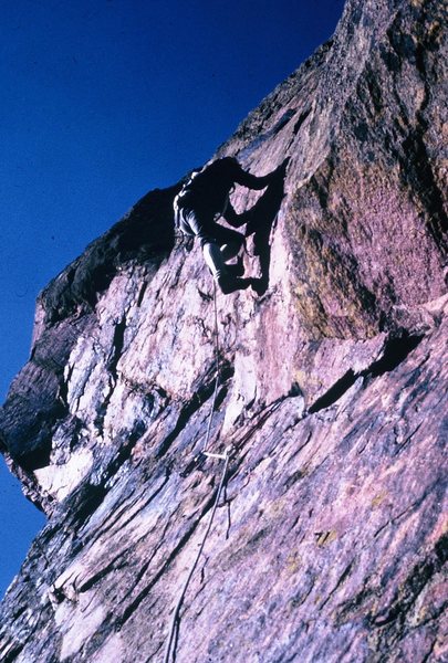 Bob Culp, topping out on Super Slab, November, 1966. Note the Kronhofers and Columbian rope.