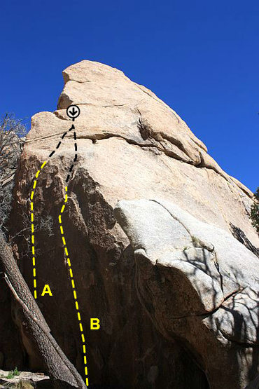 Scary Rock (North Face), Joshua Tree NP
<br>

<br>
A. Thorazine Shuffle Left (5.11b)
<br>
B. Thorazine Shuffle Right (5.12a)