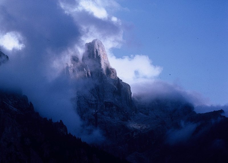 Cima Della Madonna, from near San Martino di Castrozza; September, 1963. Telephoto view.