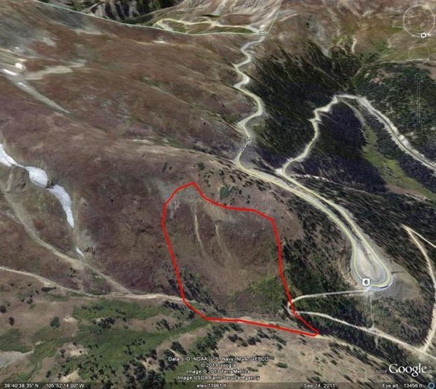 Loveland Pass is at the top of the photo. The hairpin turn is the one at the top of the Loveland Basin ski area. The road coming out of the apex of the hairpin is the service road to the lift shack.