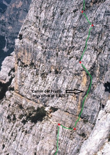 Sketch overlay showing approximate line of route and belay points. Belays are all bolt or piton protected.