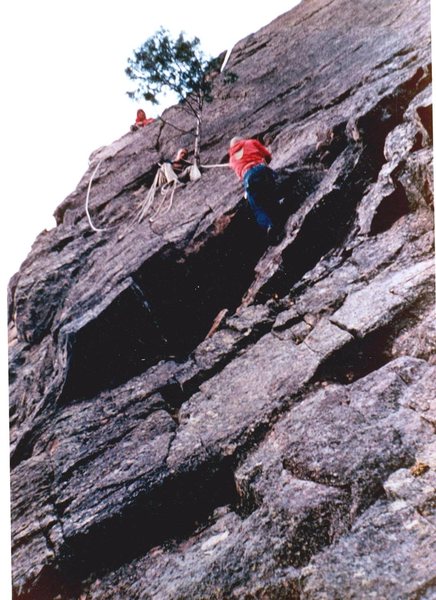 Pulling over the crux overhang on my 3rd rock climb ever!