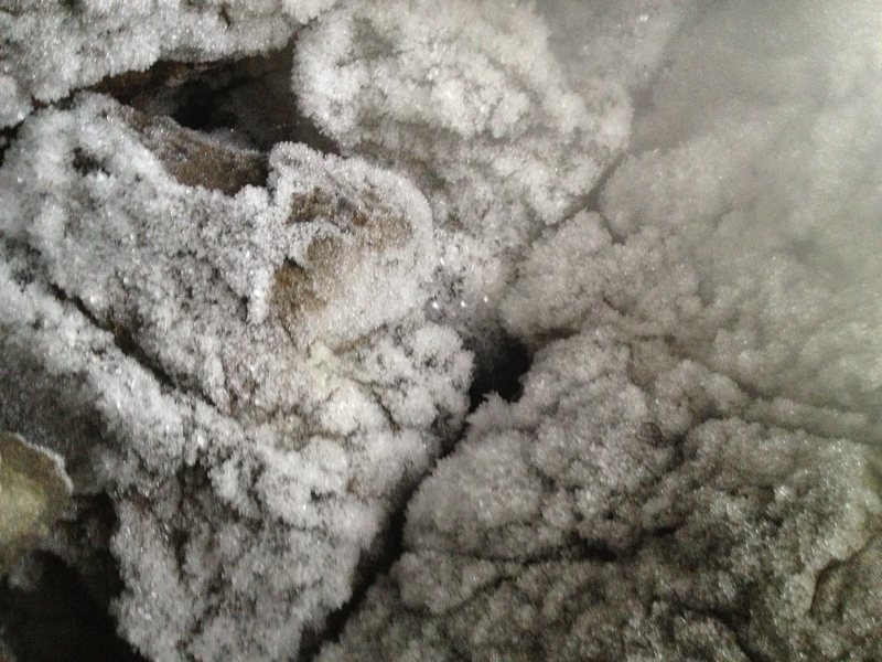 Ice crystals roof of belay cave. Pitch four.