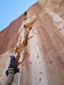 Tim up high on the incredible headwall 4th pitch.