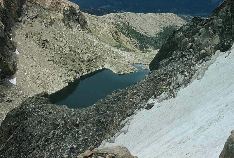 Chasm Lake from high on Stettner's ledges, June, 1961.