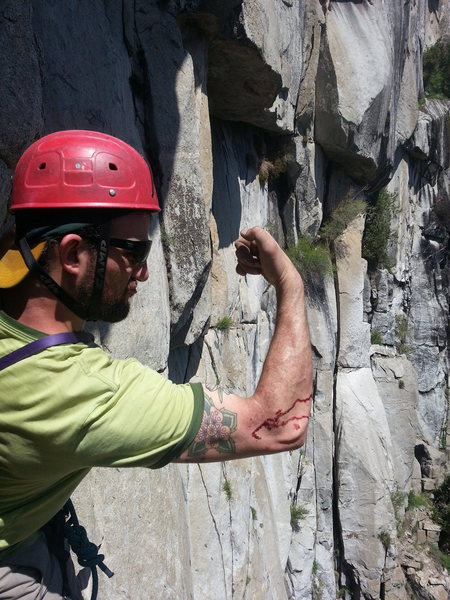 Somehow I cut myself on the traverse at the end of the route.  Seemed like a good opportunity for the pretend-to-be-a-bad-ass shot, though the cut was much smaller than it looks.