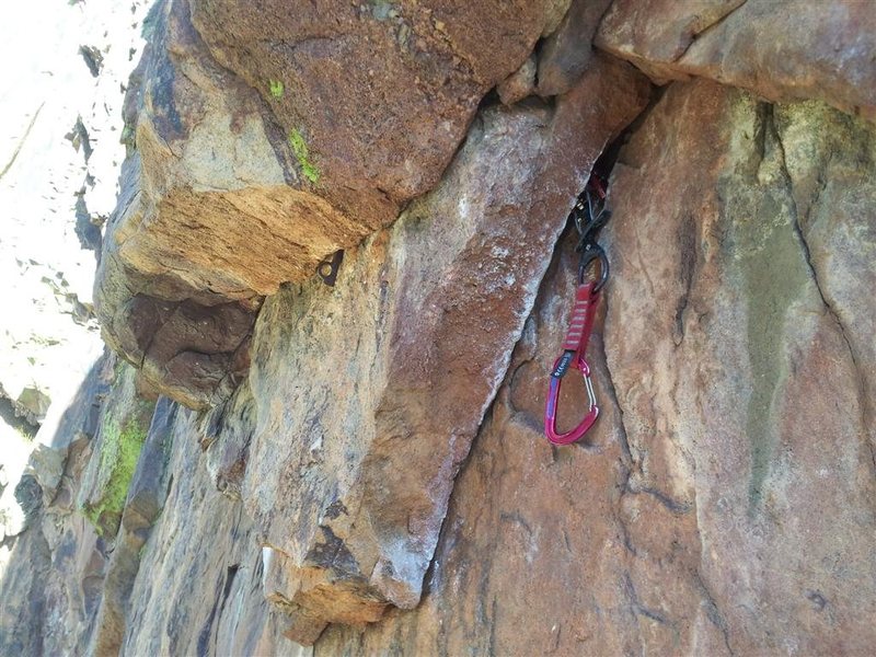 Unnecessary pin above the P3 crux.  Note bomber red Camalot placement nearby.