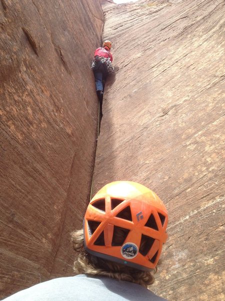 Matt Kuehl leading up splitter wide hands on the Minotaur Tower. 