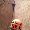 Matt Kuehl leading up splitter wide hands on the Minotaur Tower. 