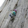 Lina leading up Cloud Nine (pitch 1) at Pearly Gates. (photo by Justin Jones)