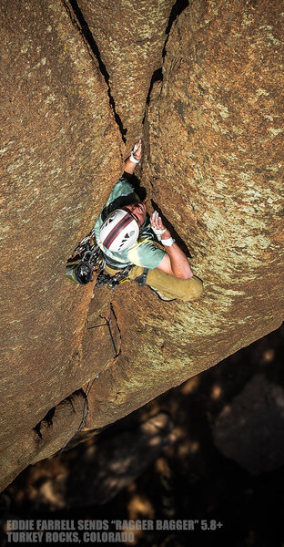 Eddie sending "Ragger Bagger". Turkey Rocks,CO. 