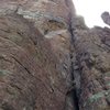 A bit better exposure showing the lower section of the route through the cruxy section of bad rock.