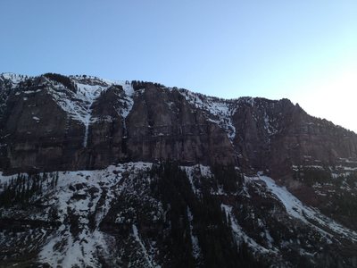 Here is an establishing photo taken from just above the mine boulder. On the road to Bridalveil. Taken at dusk May 1st.  The approach avalanche tongue is clearly visible on the right hand side of photo; however, the route itself is hidden in this photo. 