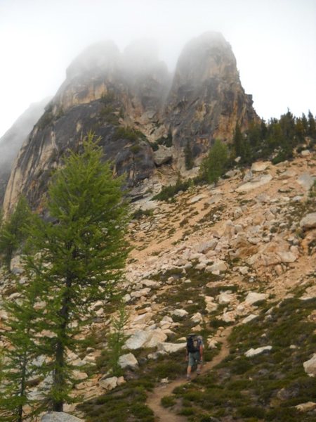 Phil Gleason approaching South Early Winter Spire in a freezing September cloud, 2011.