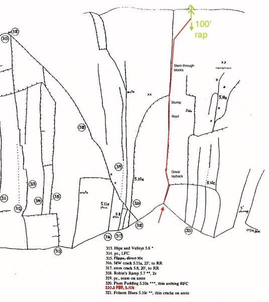 Topo of central region of Mid Wall, showing PBR. Modified from Clint Cummins's guidebook.