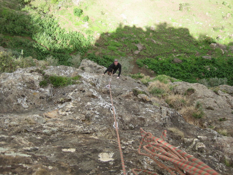 Climber Guy Pinjuv bring up the rear on the 2nd pitch of Cracked Wheat.