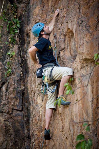 Climbing to the crux on Hyena's Secret.