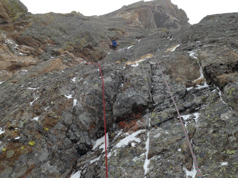 Climbing the first pitch.  You can see the large roofs of the second and third pitch above.