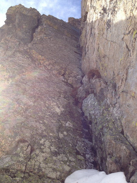 Pitch two groove. This is a sustained groove with good pick locks down low and decent rock climbing above. The gear is adequate where you need it but spaced out further up. Loose rock is abundant so frozen turf and/or ice would make this an excellent pitch. 