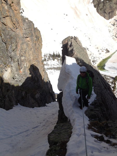 This is Brent at the gendarme belay at the top of pitch two. Also, the couloir to the left is The Cleft. 