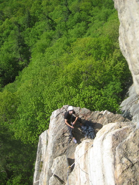 Working a knee bar at the crux I took this photo of my belayer. Looking a little lazy with that belay hand Jon...