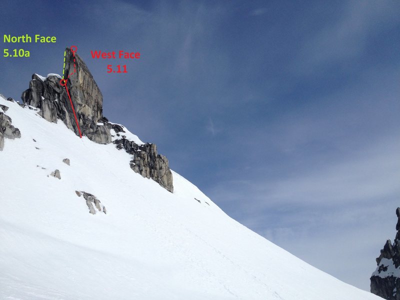 The West Face 5.11 in red, the North Face 5.10a in green