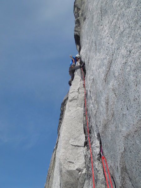 Richard Shore on the rightmost of the West Face Cracks, 5.10