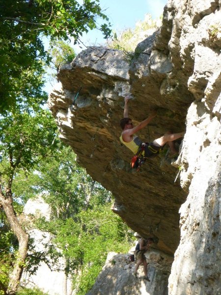 Pulling the roof/crux.