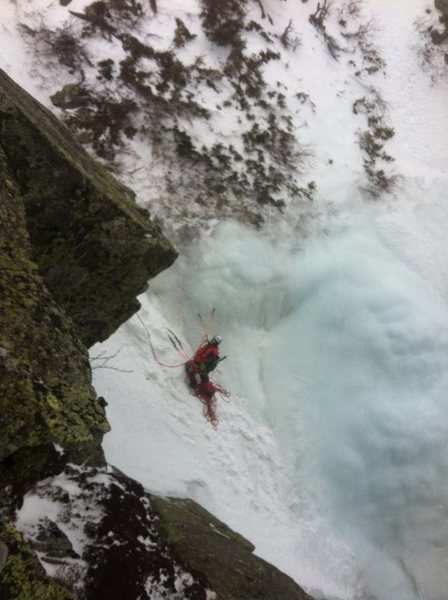 Me belaying at the top of 4th pitch in Pinnacle Gully, Huntington Ravine, NH (Feb. 2013).