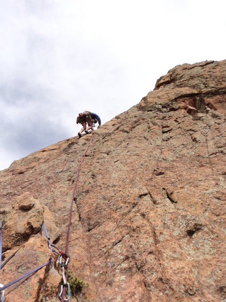 Doug goes up to the top.  Note, this photo is taken from a higher belay (205' up) at the lasso'ed longhorn.