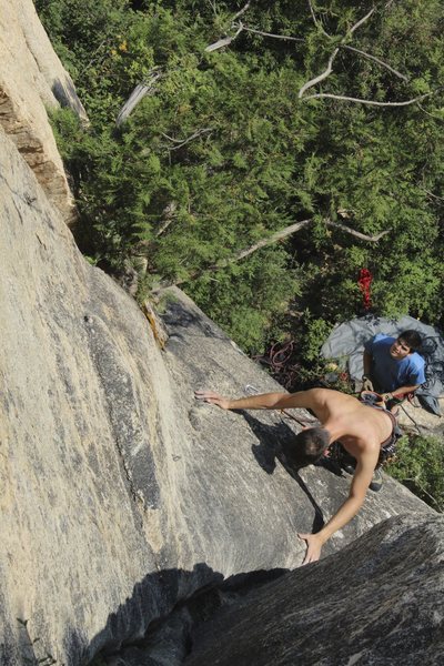 A look down the first half of "Digua" ("Sweet Potato") as Marton Mihaltz gears up to climb the adjacent route, "Smile for the Camera... in the Shadow of the Great Wall."