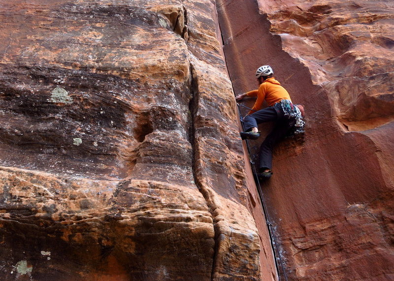 Fingers laybacking quickly turns to stemming and palming. James onsights Inner Chi. 3/2013. <br>
<br>
Photo: Corey Gargano